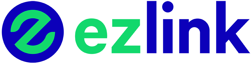The ezlink logo featuring a green stylized 'e' inside a blue circle, with the word 'ezlink' in green and blue text on a solid white background.