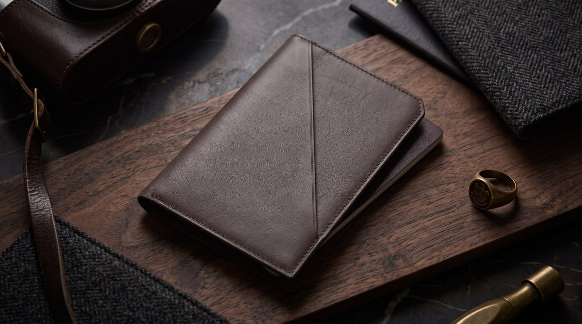 A dark brown leather passport sleeve with a diagonal boarding pass compartment, displayed on a wooden board alongside a leather camera case, a ring, and a notebook.