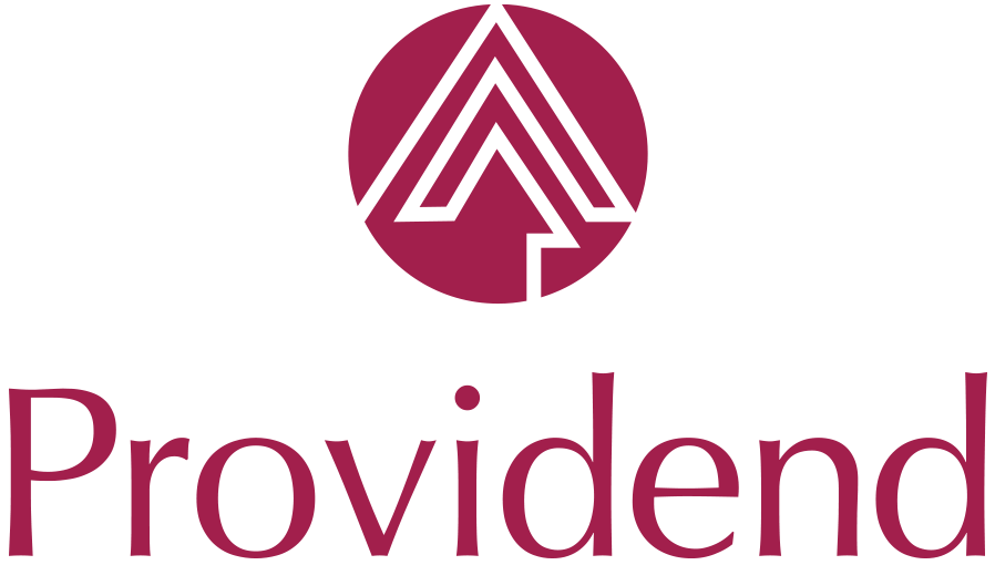 The Provident brand logo featuring a circular emblem with a stylized white mountain peak inside a dark magenta circle, above the word 'Provident' in matching dark magenta serif text, all on a solid white background.