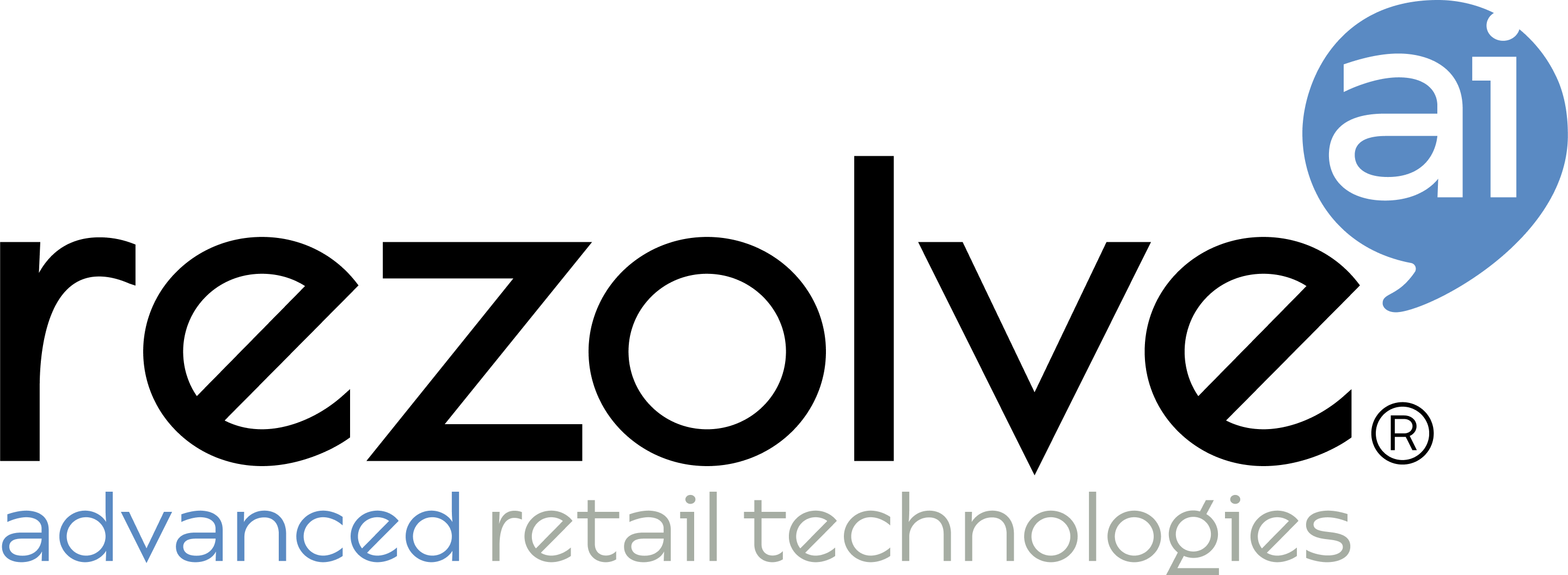 The logo for 'rezolve' featuring a black lowercase wordmark, a blue speech bubble icon with 'ai' in white, and the tagline 'advanced retail technologies' in blue and gray on a white background.