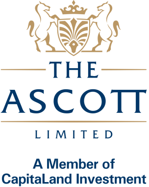 Corporate logo for The Ascott Limited, featuring a gold crest with two horses and a crown above the words 'THE ASCOTT LIMITED' in blue and gold, with the text 'A Member of CapitaLand Investment' below on a white background.