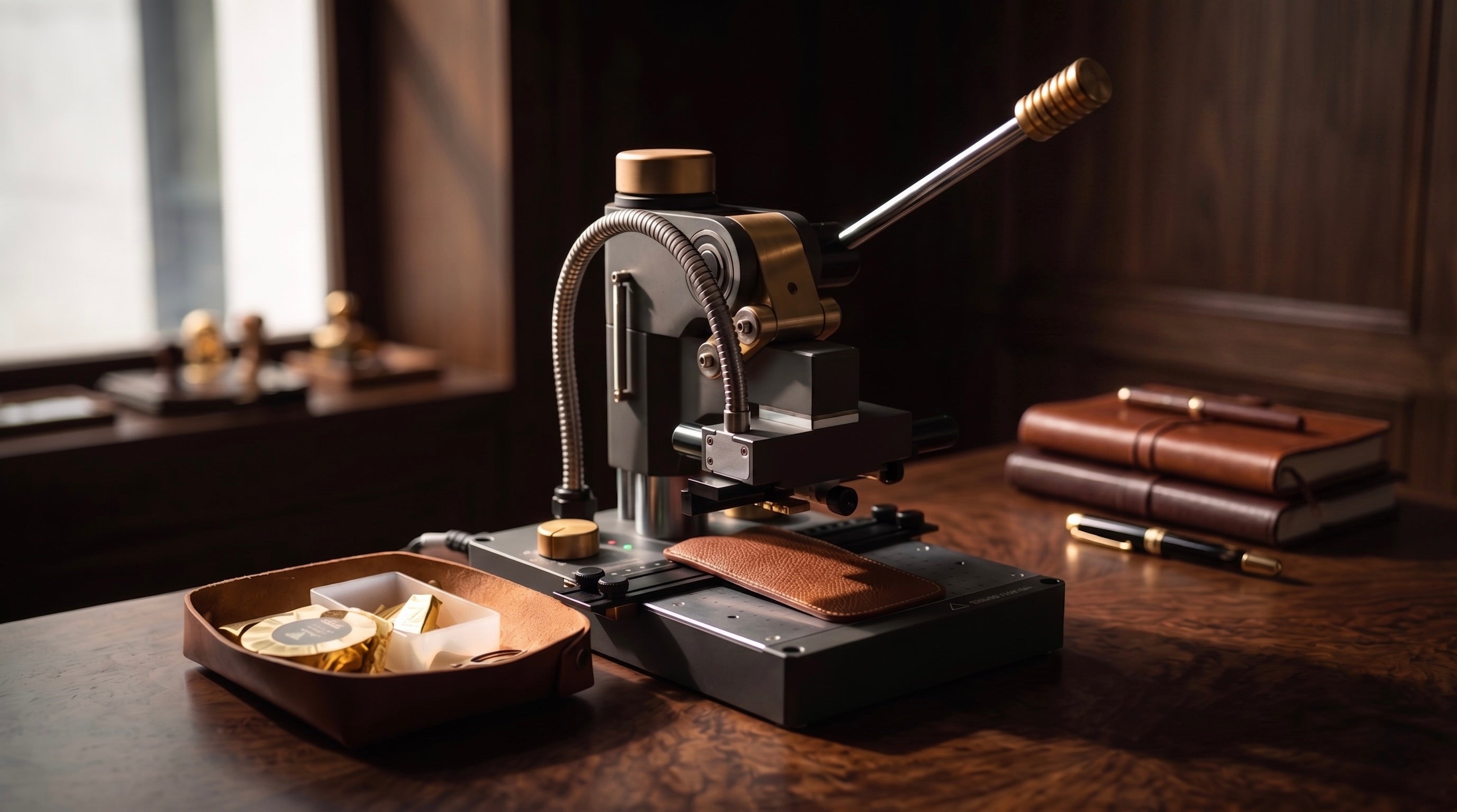 A high-end Dreamfactory hot stamping leatherworking press machine with brass accents sits on a dark wooden desk next to a leather box and stacked notebooks in a warm, dimly lit room.