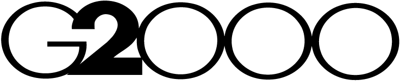 G2000 logo spelled out in large black sans-serif letters, with four rounded oval shapes resembling golf holes or tees beneath each letter, on a solid white background.