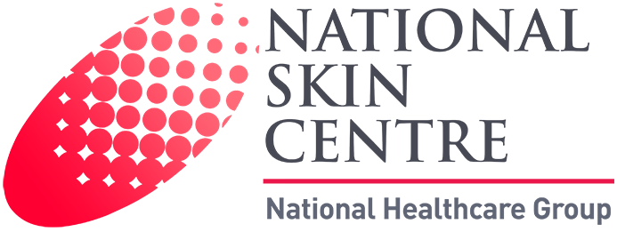 National Skin Centre logo with a red and pink dotted oval graphic, dark gray text reading 'NATIONAL SKIN CENTRE,' and smaller 'National Healthcare Group' text on a black background.