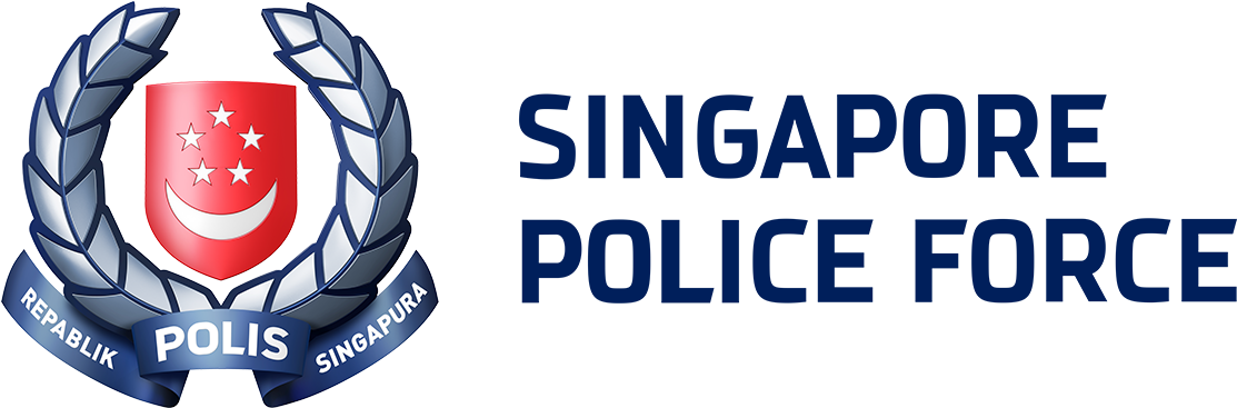 Singapore Police Force logo with a blue laurel wreath, red shield, and white text on a black background.