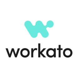 Workato Logo with their signature Turquoise colour logo with the text workato in black at the bottom